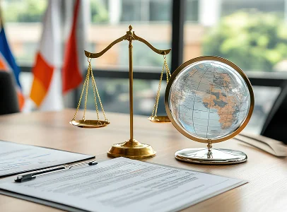 Balance de la justice, globe terrestre et documents sur un bureau avec des drapeaux à Paris 17eme arrondissement en Ile-de-France 75