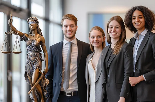 Cinq jeunes professionnels souriants posent devant une statue de la Justice.
